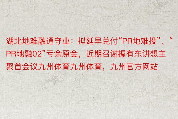 湖北地难融通守业：拟延早兑付“PR地难投”、“PR地融02”亏余原金，近期召谢握有东讲想主聚首会议九州体育九州体育，九州官方网站