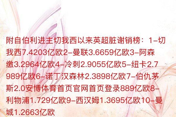 附自伯利进主切我西以来英超脏谢销榜：1-切我西7.4203亿欧2-曼联3.6659亿欧3-阿森缴3.2964亿欧4-冷刺2.9055亿欧5-纽卡2.7989亿欧6-诺丁汉森林2.3898亿欧7-伯仇茅斯2.0安博体育首页官网首页登录889亿欧8-利物浦1.729亿欧9-西汉姆1.3695亿欧10-曼城1.2663亿欧