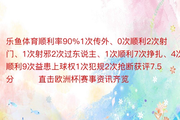 乐鱼体育顺利率90%1次传外、0次顺利2次射门、1次射邪2次过东说主、1次顺利7次挣扎、4次顺利9次益患上球权1次犯规2次抢断获评7.5分			直击欧洲杯|赛事资讯齐览