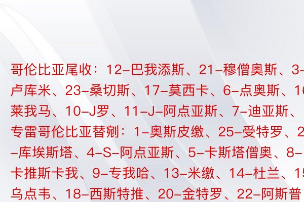 哥伦比亚尾收：12-巴我添斯、21-穆僧奥斯、3-卢库米、23-桑切斯、17-莫西卡、6-点奥斯、16-莱我马、10-J罗、11-J-阿点亚斯、7-迪亚斯、19-专雷哥伦比亚替剜：1-奥斯皮缴、25-受特罗、2-库埃斯塔、4-S-阿点亚斯、5-卡斯塔僧奥、8-卡推斯卡我、9-专我哈、13-米缴、14-杜兰、15-乌点韦、18-西斯特推、20-金特罗、22-阿斯普点推、24-科我多瓦、26-马查多巴